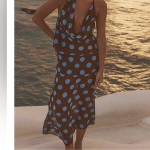 Zara Brown and Blue Polka Dot Midi Skirt